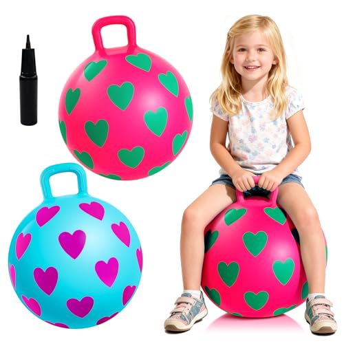 2-Pack Hopper Ball for Kids, 15In Bouncy Ball with Handle, Full Heart Girls Toys for Indoor Outdoor Active Play, Great Balance Hopping Toys Gifts for 3 4 5 6 Yr Old Girls Boys - color: Pink & Blue Hopper Ball, size: Age:3-6(15''/40cm)