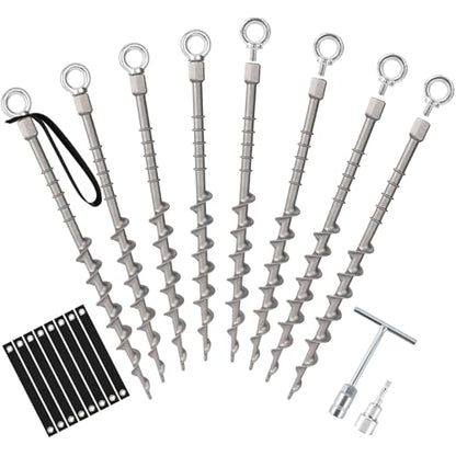 8 PCS Screw in Tent Stakes for Women Men Ground Anchors for Sand, Trampolines, Camping - Aluminium Heavy Duty Rust Prevention Pegs Spikes Drillable Threaded Anchor Stake - Silvery 14 inch