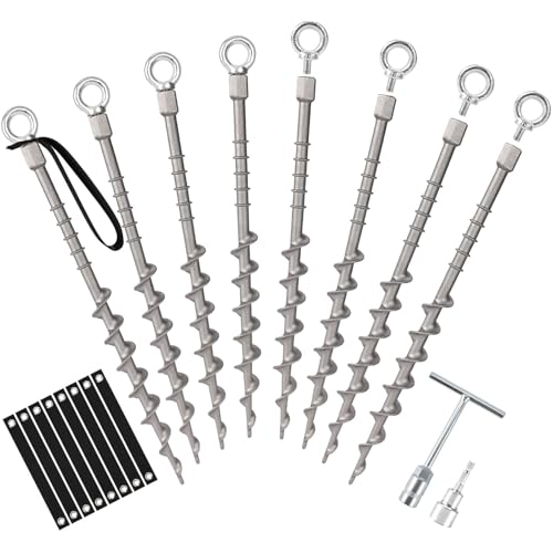 8 PCS Screw in Tent Stakes for Women Men Ground Anchors for Sand, Trampolines, Camping - Aluminium Heavy Duty Rust Prevention Pegs Spikes Drillable Threaded Anchor Stake - Silvery 14 inch