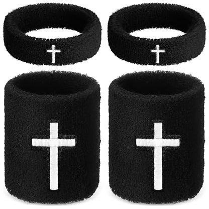 Soulchen 4 pcs Cross Bicep Bands Wrist Bands Christian Arm Sweat Wristbands Absorbent Armband for Men Women Football Baseball Players Sports Activities Supplies - color: Black