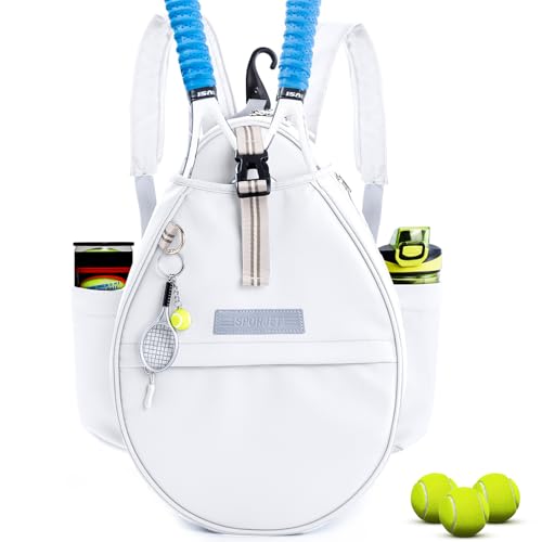 Tennis Backpack with 2 Rackets Holder, Water-Resistant PU Leather Tennis Racket Bag for Women & Men, Sling Crossbody Sports Backpack for Tennis, Pickleball & Badminton, Tennis Gifts - color: White, size: Medium without Shoe Compartment