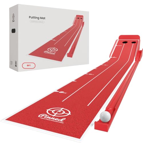 Pinned Golf The Roller - Premium Golf Putting Mat - 9-Foot Portable, Non-Slip Putting Green Indoor with Magnetic Ball Return & Distance Markers for Home & Office - color: Red