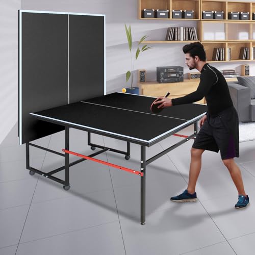 4/6/8/9 ft Professional Table Tennis Table Ping-Pong Tables Set Foldable & Portable Tables with Removable Net 2 Table Tennis Paddles and 3 Balls Easy Assembly - color: Black, size: 8 Ft