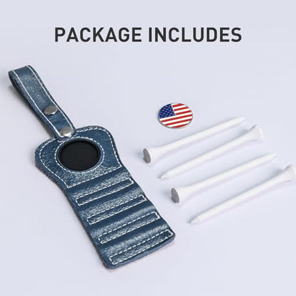 VEASAERS Golf Tee Holder with USA Ball Marker 4 Pcs White Wood Tees, Portable Hold Different Tee Leather Gift Hook Hanging Clip to Golf Bag Belt - color: Blue