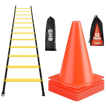 GHB Agility Ladder 1 Pack and 7 Inch 12 Pack Soccer Cones 2 Carrying Bag