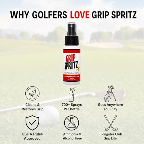 Grip Spritz - Golf Grip Cleaner & Restorer Spray 3-in-1 Clean, Rejuvenate, & Preserve Tackiness - Remove Oil & Dirt to Enhance Club Feel, Control, & Accuracy - Golf Bag Accessory — USGA Approved