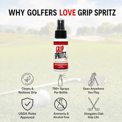 Grip Spritz - Golf Grip Cleaner & Restorer Spray 3-in-1 Clean, Rejuvenate, & Preserve Tackiness - Remove Oil & Dirt to Enhance Club Feel, Control, & Accuracy - Golf Bag Accessory — USGA Approved