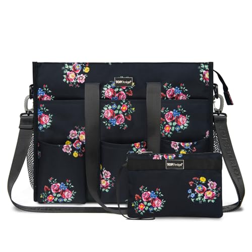 TOPDesign Utility Water Resistant Tote Bag with 22 Pockets, Top Zipper Closure & Thick Bottom Support, for Working Women - color: Blooming Flower, size: Large