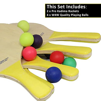 W4W Kadima Beach Paddle Ball Racket Set - Bundle Pack Includes 4 Balls & 2 Paddles