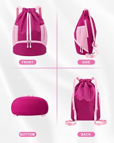 JELUTAR Soccer Bag, Drawstring Soccer Backpack with Shoe Compartment, Water Resistant Sport Gym Bags for Volleyball Basketball Football Beach Swim Pool - color: Rose Pink