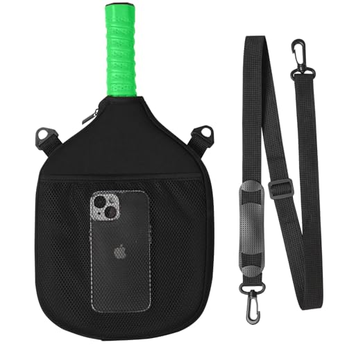 Water Resistant Pickleball Paddle Cover & Protective Carry Case w/Pockets, Adjustable Crossbody Strap, Ball Holder & Fence Hook - Fits Standard & Extended Paddles - Gifts for Men Women