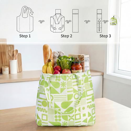 Stelle Lightweight Reusable Grocery Bag with Handles Ripstop Nylon Foldable Tote Shopping Bags for Travel and Groceries - color: Green Geometry