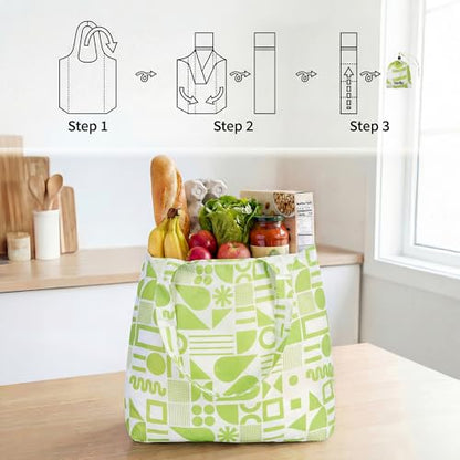 Stelle Lightweight Reusable Grocery Bag with Handles Ripstop Nylon Foldable Tote Shopping Bags for Travel and Groceries - color: Green Geometry