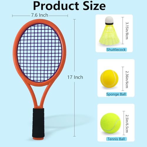 Kids Tennis Racket 17 Inch Lightweight for Junior Toddlers - Includes 2 Tennis Balls, 2 Sponge Balls, 4 Shuttlecocks & Carry Bag - color: Dark Orange & Green