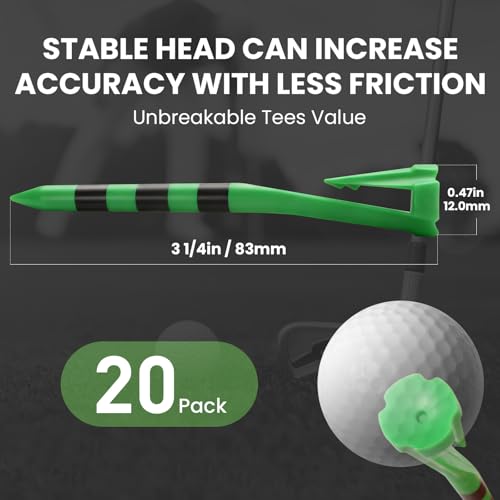 Golf Tees Plastic 3 1/4 Inch with Built-in Hat Clip 20 Pack, Unbreakable 4-Prong Striped Tees for Consistent Height, Bright Colors with Quick On-Course Access Design - color: Green