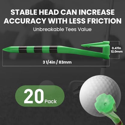 Golf Tees Plastic 3 1/4 Inch with Built-in Hat Clip 20 Pack, Unbreakable 4-Prong Striped Tees for Consistent Height, Bright Colors with Quick On-Course Access Design - color: Green