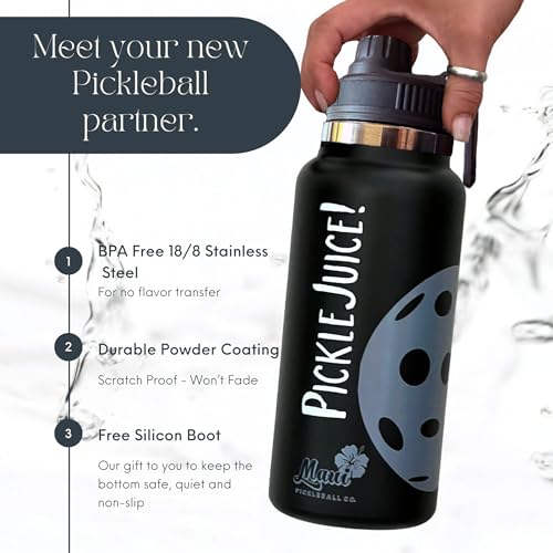 Maui Pickleball Co.™ Pickleball Water Bottle 32oz Insulated Stainless Steel Water Bottle PickleBall Accessories Pickleball Gifts Sip/Swig Lid with Carry Handle - color: Black Lava Sip/Swig