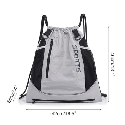 MiOYOOW Sports Drawstring Backpack, Waterproof Basketball Bag Large Gym Mesh Pockets for Outside Swimming Travel Beach