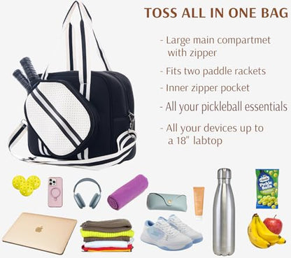 Pickleball Sports Tote Bag with Racket Holder, Neoprene, Adjustable Shoulder Strap - color: Black