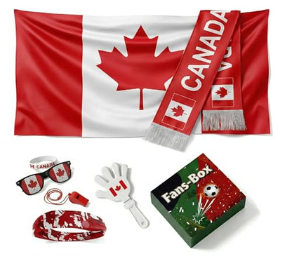 Soccer Fan Gear Set 2026-7 Piece Game Day Kit with Flag, Scarf, Glasses, Whistle, Clapper, Wristband & Headband in Gift Box - Watch Party & Stadium Essentials for Canada - color: Canada