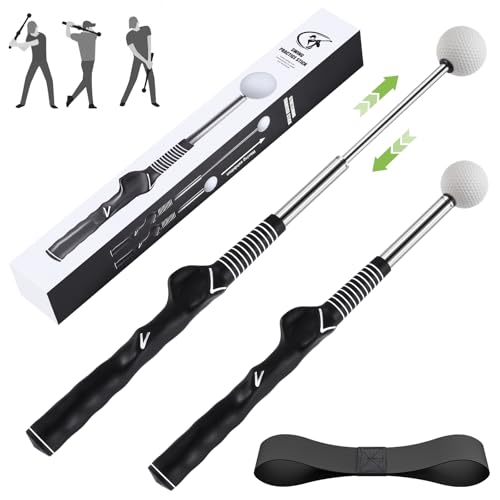 MIKOSI Retractable Golf Swing Trainer, Golf Grip Trainer and Golf Training Aid for Chipping Hitting & Grip Correction, Golf Swing Practice Stick with Arm Band for Right/Left-Handed, Indoor/Outdoor - color: Right-Handed