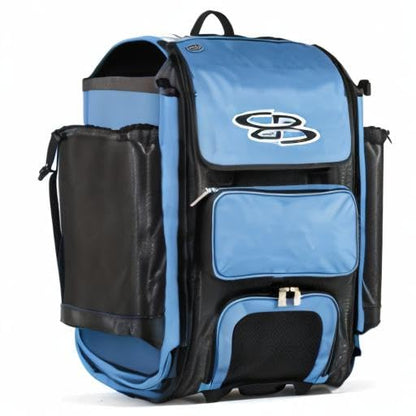 Boombah Catchers Superpack Hybrid Rolling Bat Bag - Multiple Colors - Wheeled & Backpack Version - color: Black/Columbia Blue