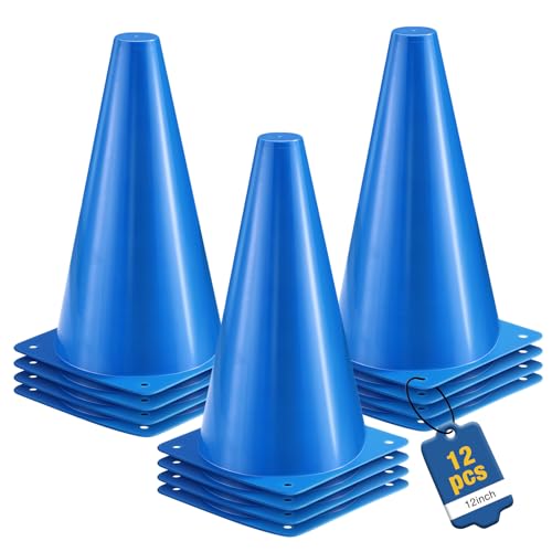 12 Inch Durable Cones,12pcs Versatile Plastic Traffic Cones and Soccer Cones for Sports Training,Agility Drills,Parking Safety,Basketball Training,Football Training. - color: blue