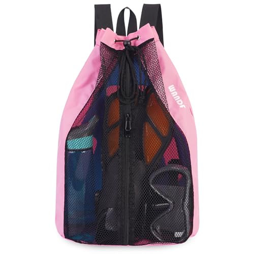 WANDF Swim Bag Mesh Drawstring Backpack Beach Backpack for Swimming, Gym, and Workout Gear - color: Pink With Wet Pocket