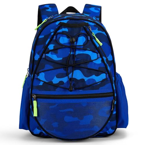 Choco Mocha Kids Tennis Bag, 16 Inch Youth & Junior Tennis Backpack with Shoe Compartment, Holds 2 Rackets (21–23 Inch) - color: Camo Blue