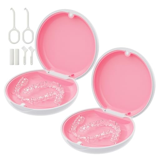 2 Pack Retainer Case, Compatible with Invisalign, Slim Aligner Case with Removal Tool, Aligner Seaters & Brush, Pocket Size Secure Magnetic Closure for Travel - White&Pink - color: 2 Pack - White&Pink