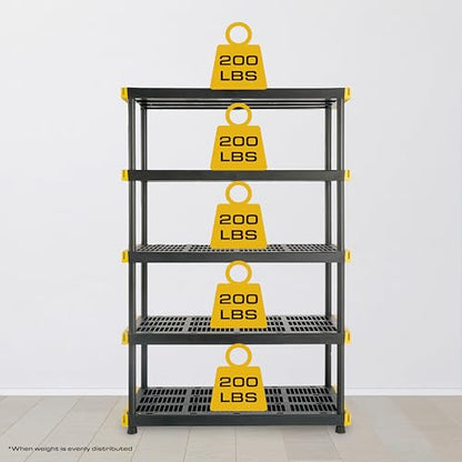 CX Black & Yellow, 5-Tier Heavy Duty Plastic Storage Shelves that Support up to 200lbs/shelf, Organization and Storage, Weather-Resistant Design, Easy Assembly (72”H x 48”W x 20”D)