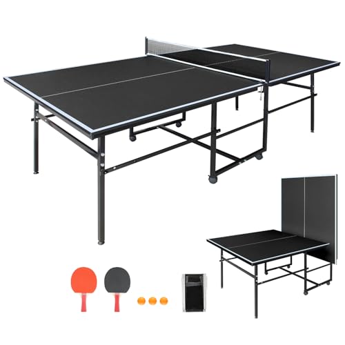 Ping Pong Table Foldable & Portable 6/8/9FT Table Tennis Table Set for Indoor & Outdoor Games with Net & Post, 2 Table Tennis Paddles and 3 Balls - color: Black-8.5x4.3FT