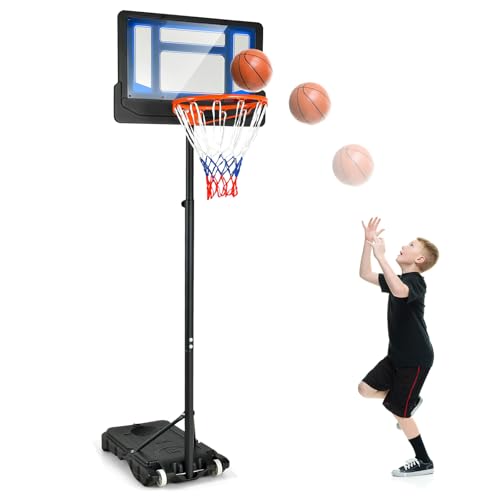 Goplus Portable Basketball Hoop, Basketball Goal w/4.3 FT-8.2 FT Adjustable Height, Ball Storage, Indoor Outdoor Weather-Resistance Basketball Hoop System for Outside Backyard, Driveway - color: Blue+Black