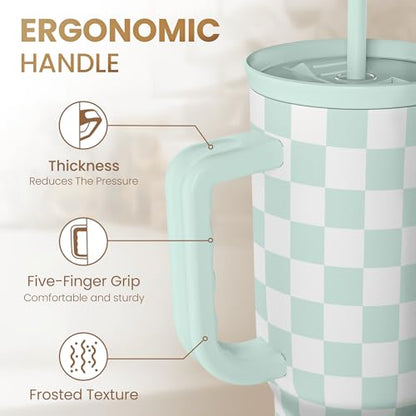 Checkered Tumbler with Handle 40oz, Mint Checker Cup Stainless Steel Insulated Tumblers Coffee Travel Mug Cups with Straw, Gifts for Women Girls Teen Birthday Christmas - color: Checker