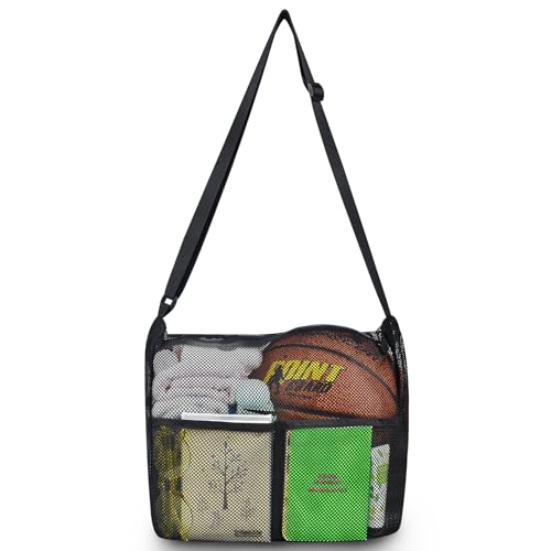 Gym Tote Bag, Mesh Bag Crossbody Satchel 12x6x12 for Gym Beach Ball Games Training Camping Hiking Clothes Storage - color: Black, size: Medium