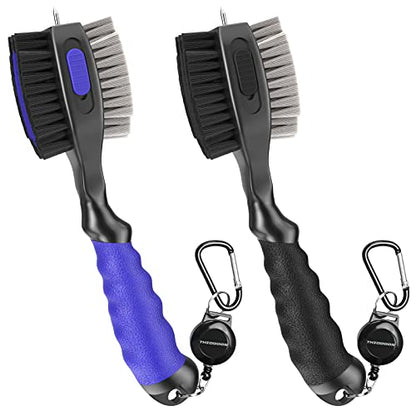 THIODOON 2 Pack Golf Club Brushes and Groove Cleaner 2 ft Retractable Zipline Carabiner Golf Brush Head with Retractable Spike Comfortable Grip Golf Club Cleaner - color: 2pcs Black & Blue