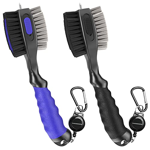 THIODOON 2 Pack Golf Club Brushes and Groove Cleaner 2 ft Retractable Zipline Carabiner Golf Brush Head with Retractable Spike Comfortable Grip Golf Club Cleaner - color: 2pcs Black & Blue