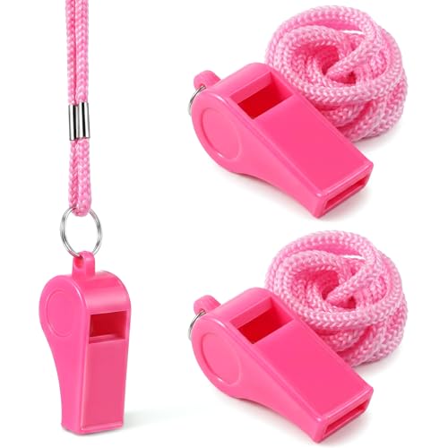 Pink Whistle, Whistle for Coaches Teachers, 3 Pcs Plastic Whistles with Lanyard and Mouthpiece, Loud Sound & Bright Colors Emergency Whistles for Referees, Lifeguards, Outdoor Sports