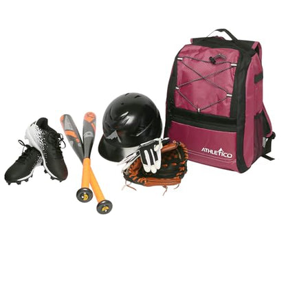 Athletico Youth Baseball Bag - Bat Backpack for Baseball, T-Ball & Softball Equipment & Gear | Holds Bat, Helmet, Glove | Fence Hook - color: Maroon