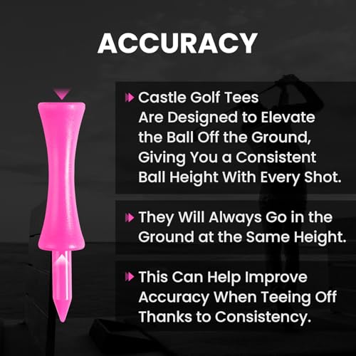 Amy Sport Golf Castle Tees Plastic Consistent Height 2 1/4 Inch Value 100 Pack, Unbreakable Step Down Reusable Tee for Par 3 Holes Practice in Orange Pink Purple - color: Pink