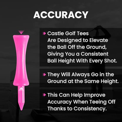 Amy Sport Golf Castle Tees Plastic Consistent Height 2 1/4 Inch Value 100 Pack, Unbreakable Step Down Reusable Tee for Par 3 Holes Practice in Orange Pink Purple - color: Pink