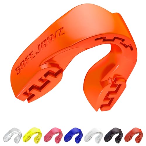 SAFEJAWZ Mouth Guard, Slim Fit Mouthguard for Adults & Youth with Case, Easy Fit Remoldable Mouthpiece for Football, Boxing, Lacrosse, MMA, Basketball & All Contact Sports - color: Orange, size: Junior (<11 Year)