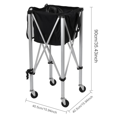 Foldable Tennis Ball Cart with Wheels & Removable Bag, Holds 160 Balls, Aluminum Portable Ball Hopper with Locking Brakes for Tennis Training, Coaching, Sports Practice