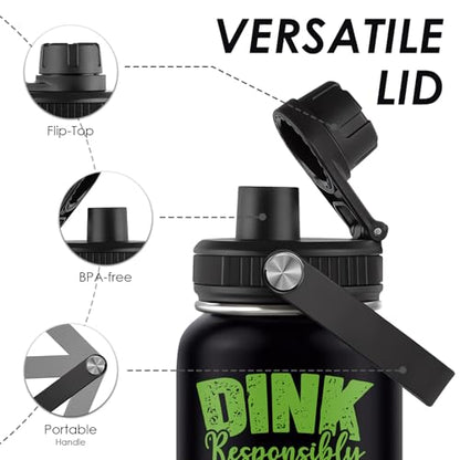 Pickleball Water Bottle 32oz | Insulated Stainless Steel Travel Tumbler with Lid Leak-Proof Keep Hot or Cold, BPA-Free |Dink Responsibly Gifts for Pickleball Lovers - color: Pickleball - blackt