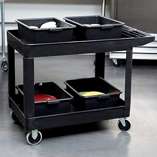 Rubbermaid Commercial Products 2-Shelf Utility/Service Cart, Medium, Black, Lipped Shelves, Ergonomic Handle, 500 lbs. Capacity, for Warehouse/Garage/Cleaning/Manufacturing - size: Medium