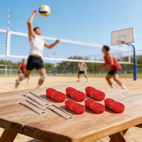 Beach Volleyball Boundary Lines Kit 8x16m with Stakes, Nylon Court Marking Tape for Outdoor Sand or Grass Courts, Red