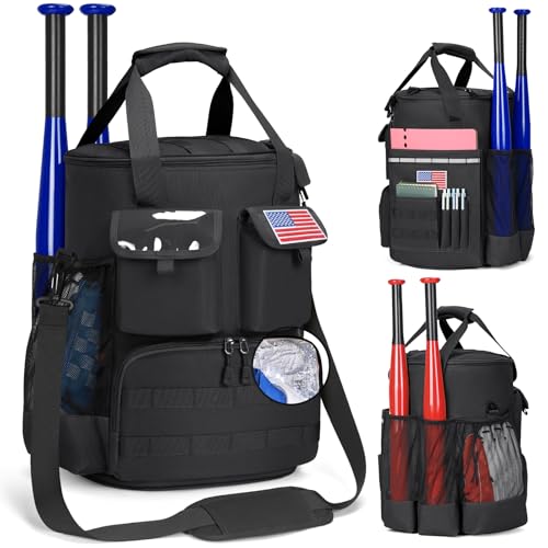 RAINSMORE Baseball Bucket Bag Baseball Coaches Accessories Organizer with Insulation Pocket Tactical Softball Bag with Anti-Slip Bottom, Multiple Pockets for Bat, Gloves, Scoreboards - color: black