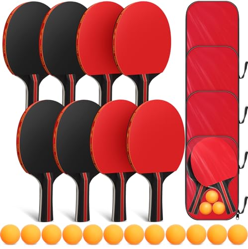 Liliful 8 Pcs Table Tennis Paddle Set Included 8 Table Tennis Rackets with 12 Balls and 4 Carry Case Portable Sport Accessories for Adults and Family Indoor Outdoor Sport