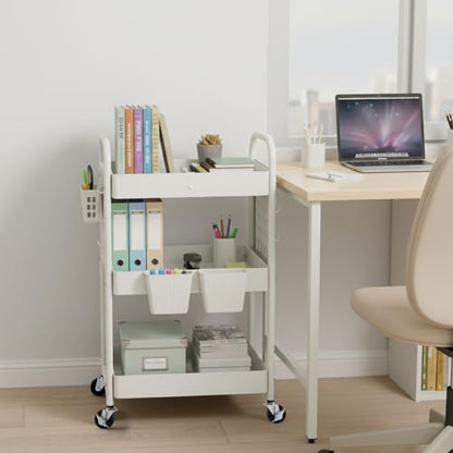 danpinera 3 Tier Rolling Cart with Retractable Dividers, Multi-Functional White Rolling Utility Cart with Pegboards, Hooks & Hanging Cups for Nursery, Living Room, Studio - color: White, size: with Dividers