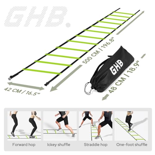 GHB Pro Agility Ladder 2 Pack Agility Training Ladder Speed 12 Rung 20ft with Carrying Bag (Green and Blue)